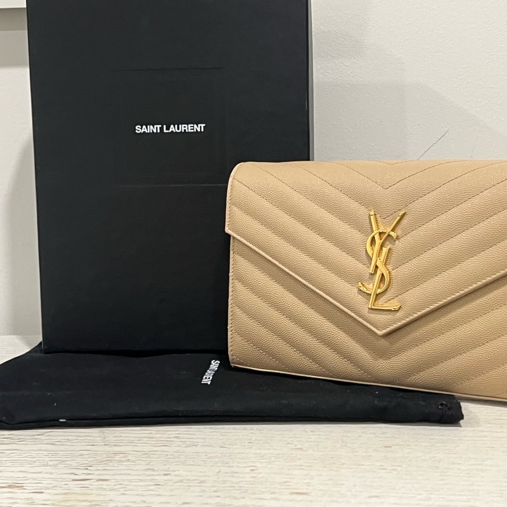 Saint Laurent Beige Quilted Clutch with Gold Logo